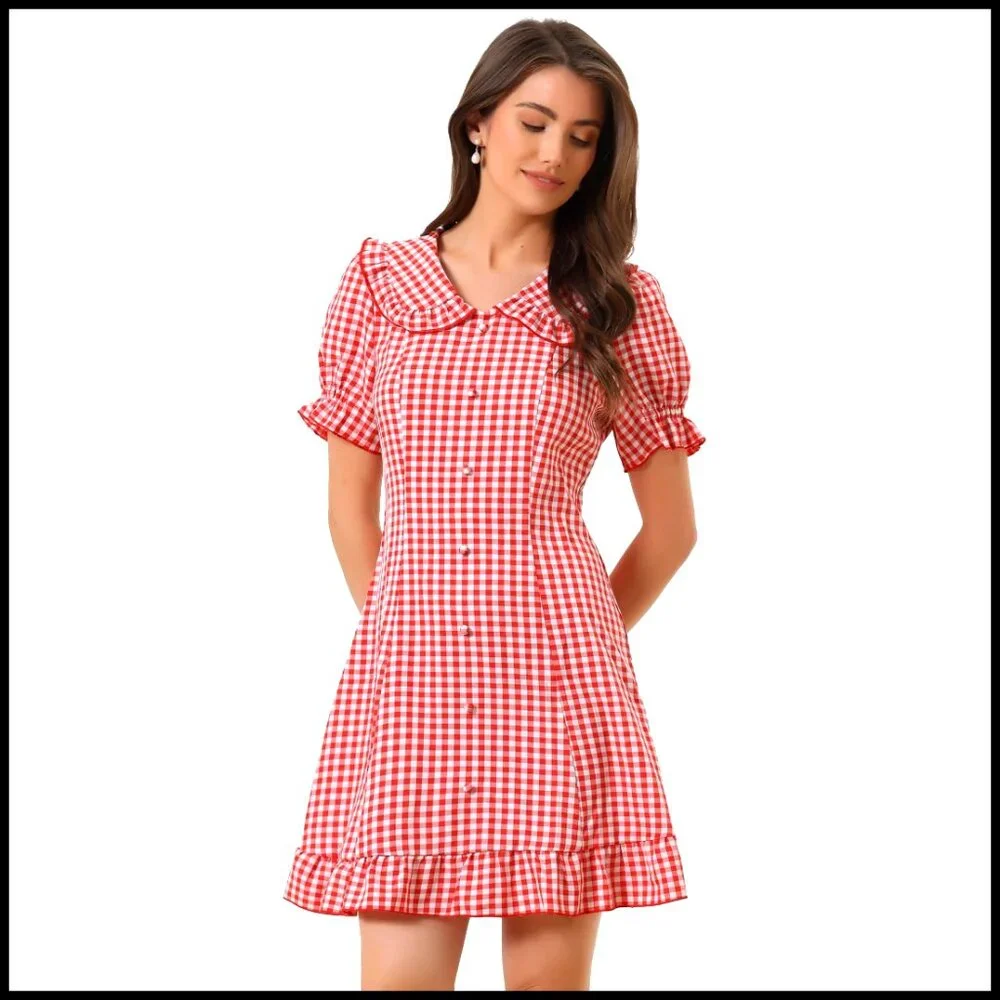 Gingham Mini Dress with Peter Pan Collar and Puff Sleeves